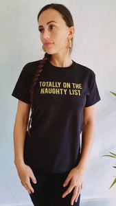 Totally On The Naughty List Gold Glitter Slogan Tee In Black